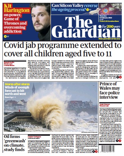 The Guardian Newspaper Front Page (UK) for 17 February 2022