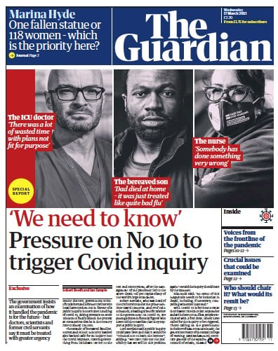 The Guardian Newspaper Front Page (UK) for 17 March 2021