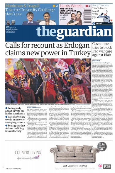The Guardian Newspaper Front Page (UK) for 17 April 2017
