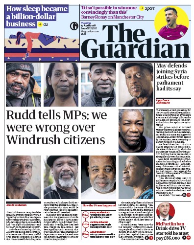 The Guardian Newspaper Front Page (UK) for 17 April 2018