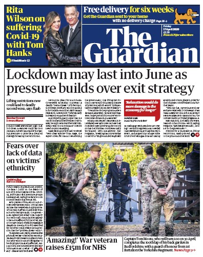 The Guardian Newspaper Front Page (UK) for 17 April 2020