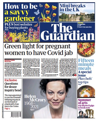 The Guardian Newspaper Front Page (UK) for 17 April 2021