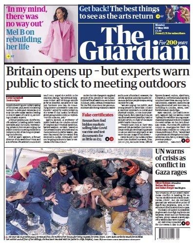 The Guardian Newspaper Front Page (UK) for 17 May 2021