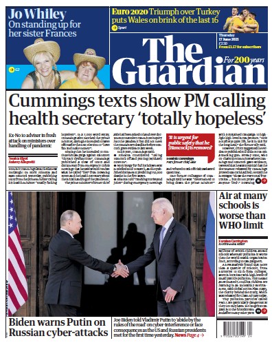 The Guardian Newspaper Front Page (UK) for 17 June 2021
