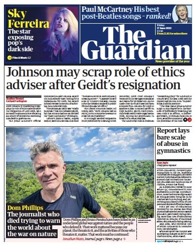 The Guardian Newspaper Front Page (UK) for 17 June 2022