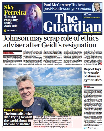 The Guardian Newspaper Front Page (UK) for 17 June 2022