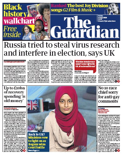 The Guardian Newspaper Front Page (UK) for 17 July 2020