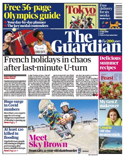 The Guardian Newspaper Front Page (UK) for 17 July 2021