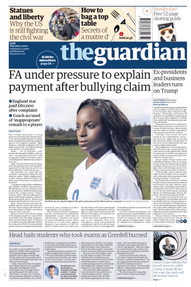 The Guardian Newspaper Front Page (UK) for 17 August 2017