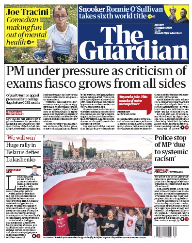 The Guardian Newspaper Front Page (UK) for 17 August 2020