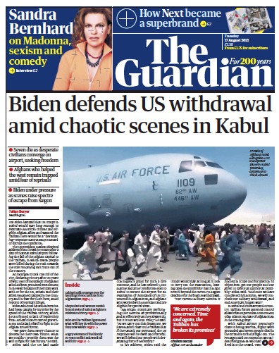 The Guardian Newspaper Front Page (UK) for 17 August 2021