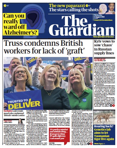 The Guardian Newspaper Front Page (UK) for 17 August 2022