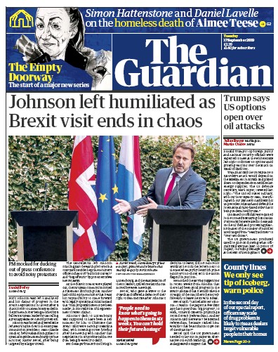 The Guardian Newspaper Front Page (UK) for 17 September 2019