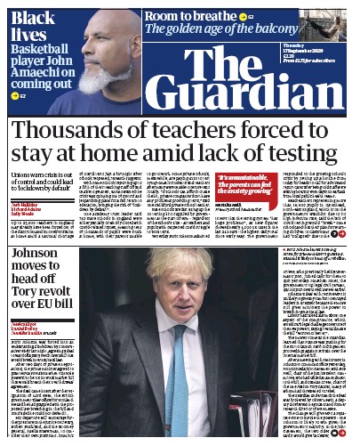 The Guardian Newspaper Front Page (UK) for 17 September 2020