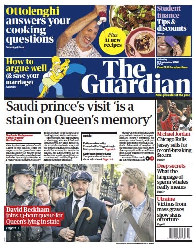 The Guardian Newspaper Front Page (UK) for 17 September 2022