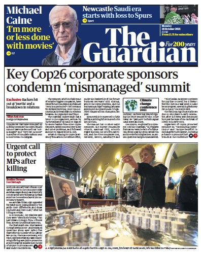 The Guardian Newspaper Front Page (UK) for 18 October 2021