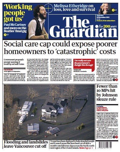 The Guardian Newspaper Front Page (UK) for 18 November 2021