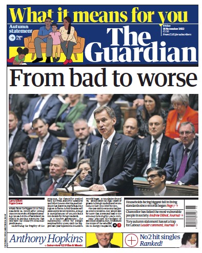 The Guardian Newspaper Front Page (UK) for 18 November 2022