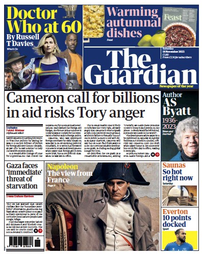 The Guardian Newspaper Front Page (UK) for 18 November 2023