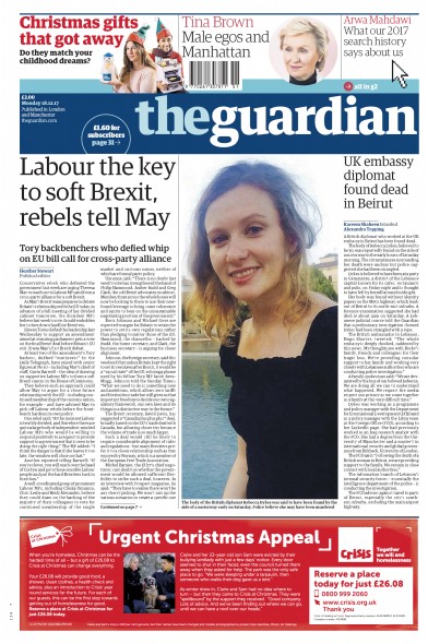 The Guardian Newspaper Front Page (UK) for 18 December 2017