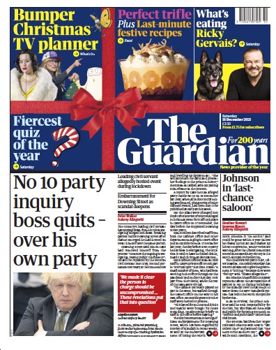 The Guardian Newspaper Front Page (UK) for 18 December 2021