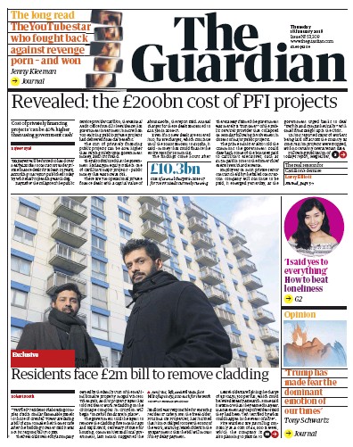 The Guardian Newspaper Front Page (UK) for 18 January 2018