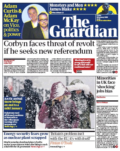 The Guardian Newspaper Front Page (UK) for 18 January 2019