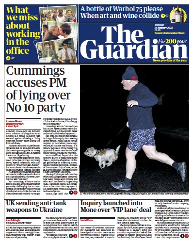 The Guardian Newspaper Front Page (UK) for 18 January 2022