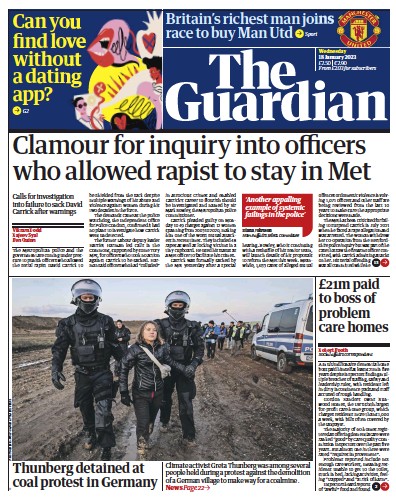 The Guardian Newspaper Front Page (UK) for 18 January 2023