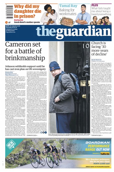 The Guardian Newspaper Front Page (UK) for 18 February 2016