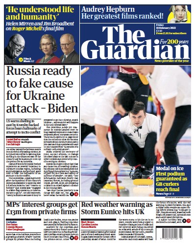 The Guardian Newspaper Front Page (UK) for 18 February 2022
