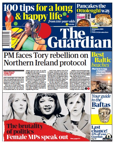 The Guardian Newspaper Front Page (UK) for 18 February 2023
