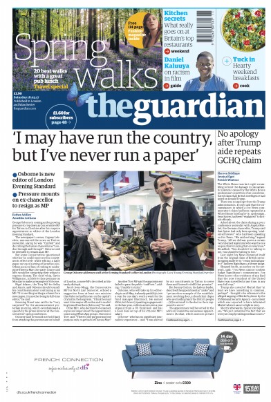 The Guardian Newspaper Front Page (UK) for 18 March 2017