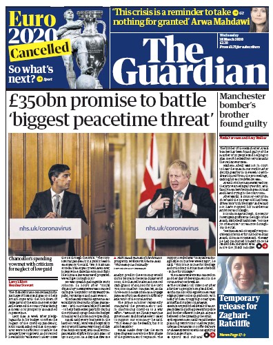 The Guardian Newspaper Front Page (UK) for 18 March 2020