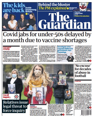 The Guardian Newspaper Front Page (UK) for 18 March 2021
