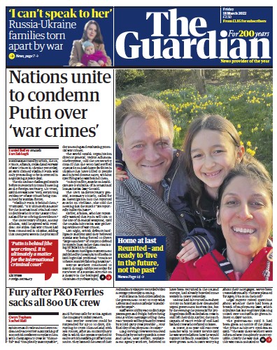 The Guardian Newspaper Front Page (UK) for 18 March 2022