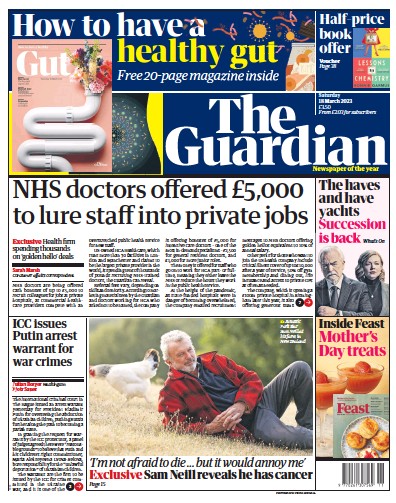 The Guardian Newspaper Front Page (UK) for 18 March 2023