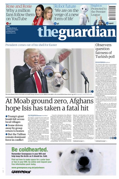 The Guardian Newspaper Front Page (UK) for 18 April 2017