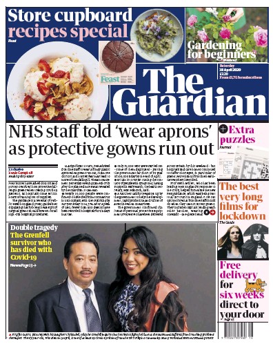 The Guardian Newspaper Front Page (UK) for 18 April 2020