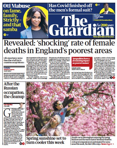 The Guardian Newspaper Front Page (UK) for 18 April 2022