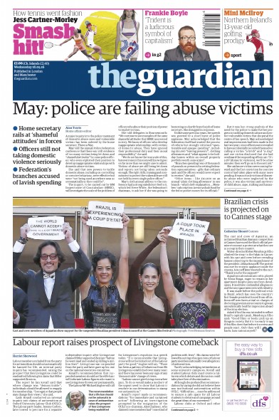 The Guardian Newspaper Front Page (UK) for 18 May 2016