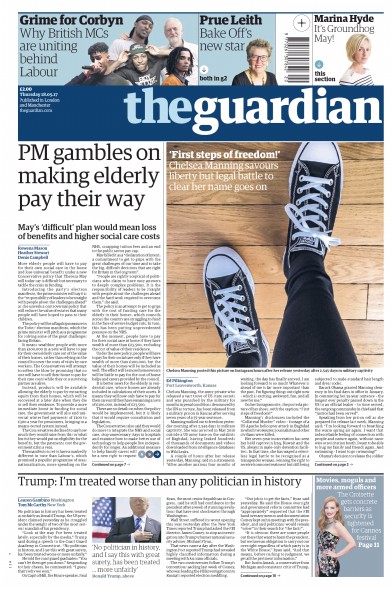 The Guardian Newspaper Front Page (UK) for 18 May 2017