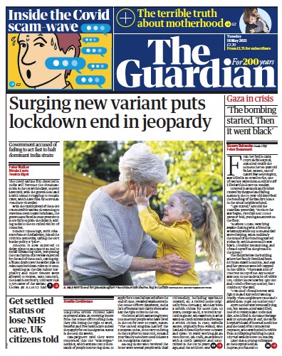 The Guardian Newspaper Front Page (UK) for 18 May 2021