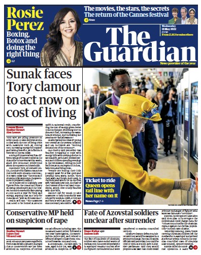 The Guardian Newspaper Front Page (UK) for 18 May 2022
