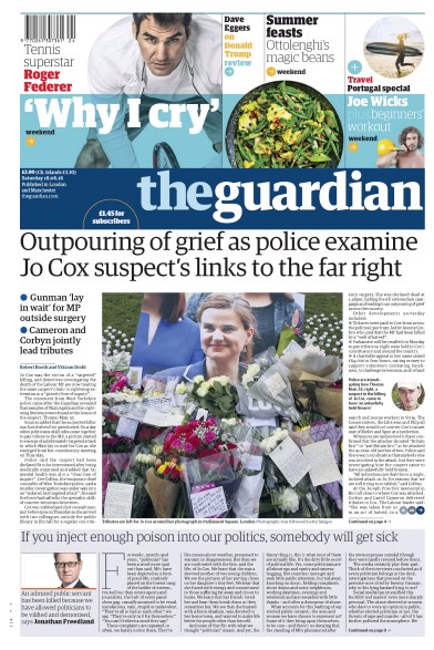 The Guardian Newspaper Front Page (UK) for 18 June 2016