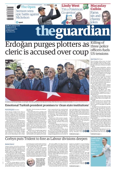 The Guardian Newspaper Front Page (UK) for 18 July 2016