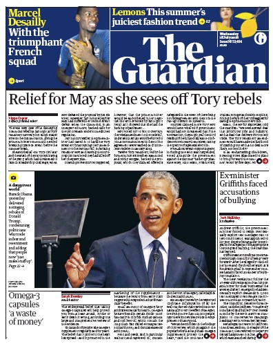The Guardian Newspaper Front Page (UK) for 18 July 2018