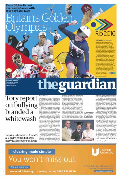 The Guardian Newspaper Front Page (UK) for 18 August 2016