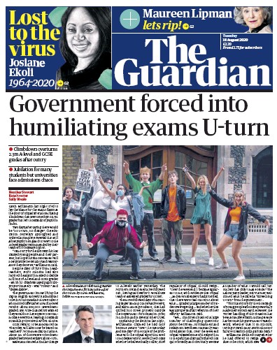 The Guardian Newspaper Front Page (UK) for 18 August 2020