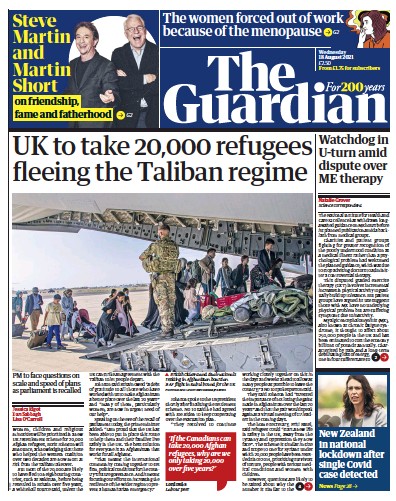 The Guardian Newspaper Front Page (UK) for 18 August 2021
